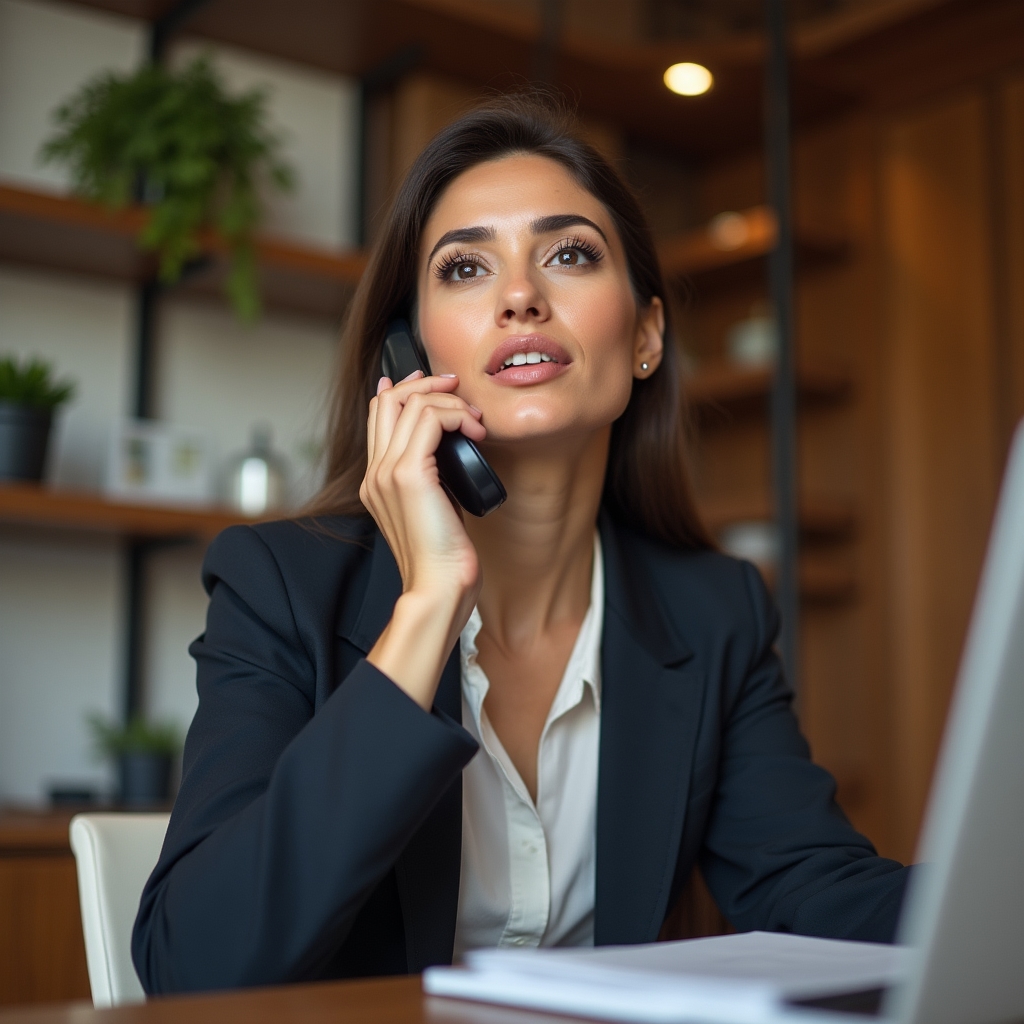 Emprendedora al teléfono gestionando una conversación con un cliente