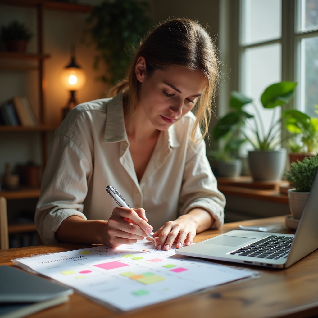 Emprendedora organizando su agenda semanal en un cuaderno junto al ordenador