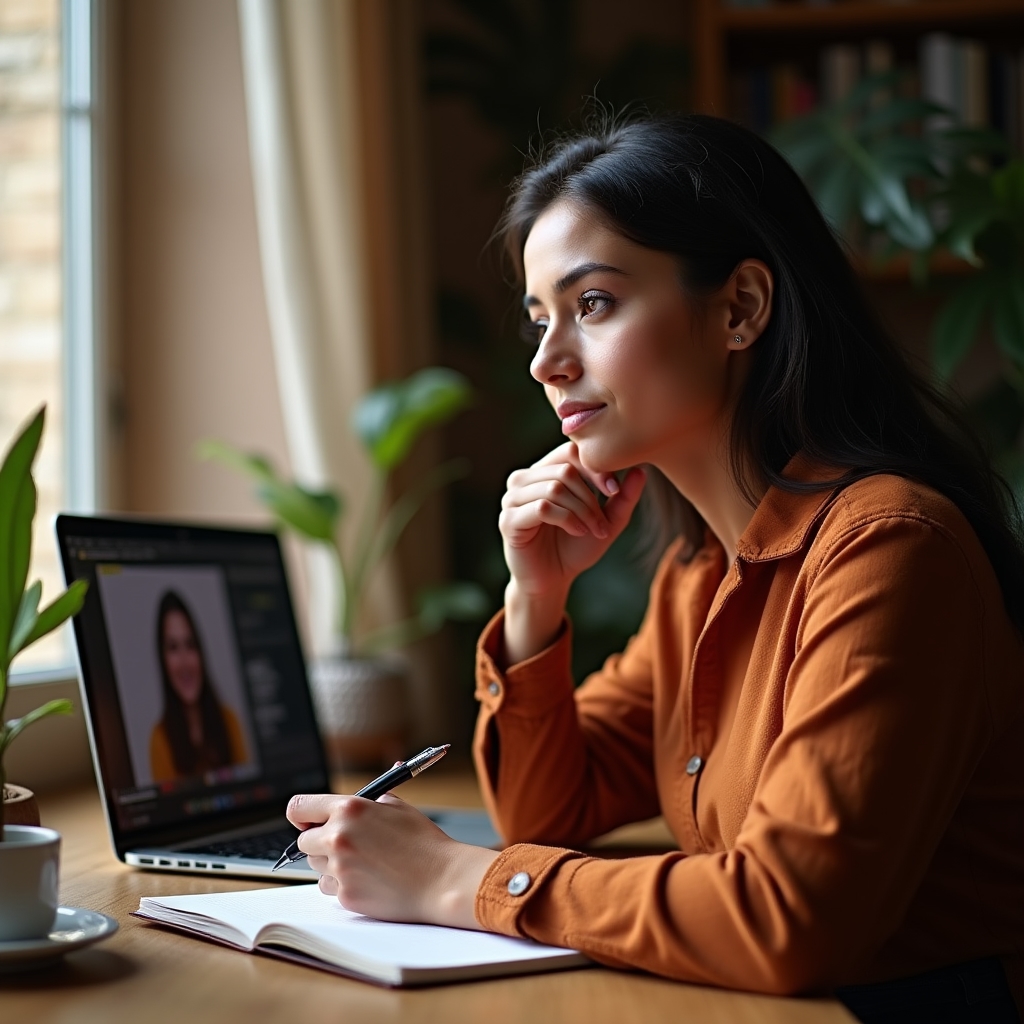 Emprendedora tomando notas durante una sesión de mentoring grupal online